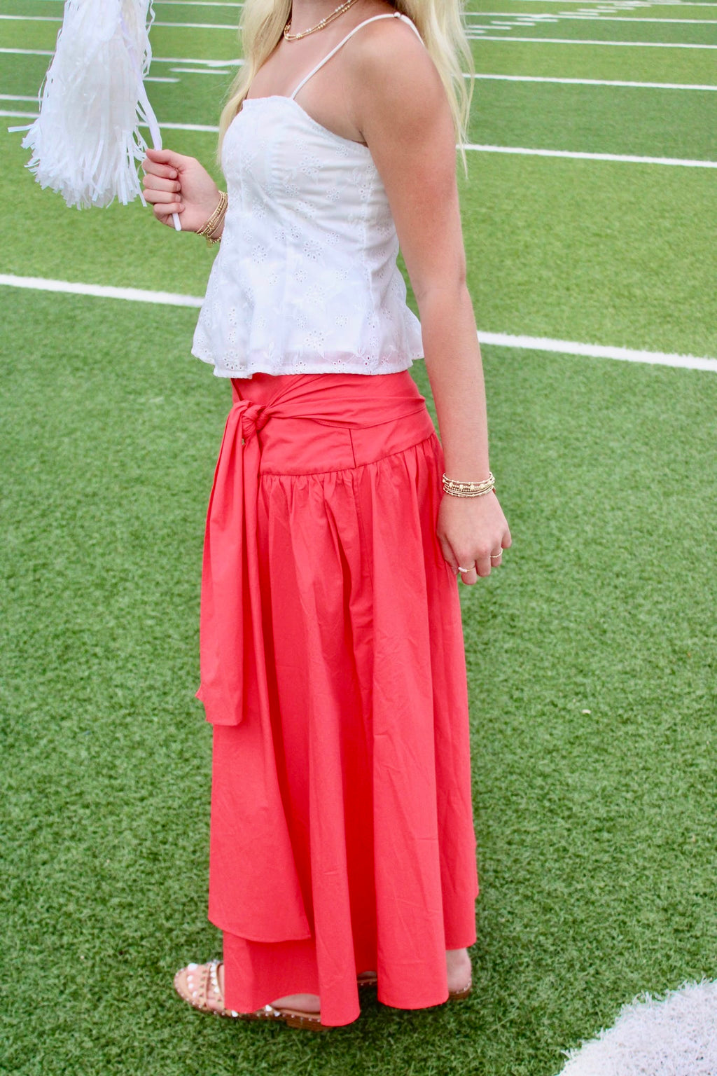 Red Tie-Waist Midi Skirt