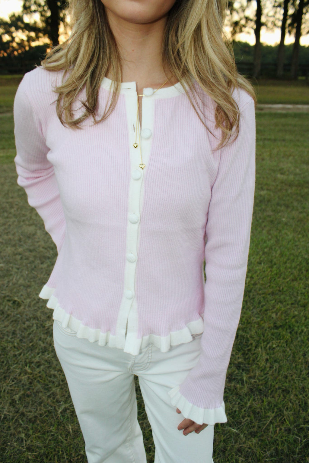 Pink Ribbed Cardigan with Ruffled Trim