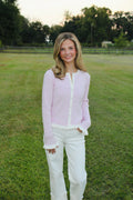 Pink Ribbed Cardigan with Ruffled Trim