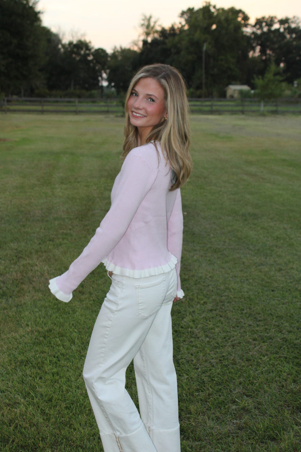 Pink Ribbed Cardigan with Ruffled Trim
