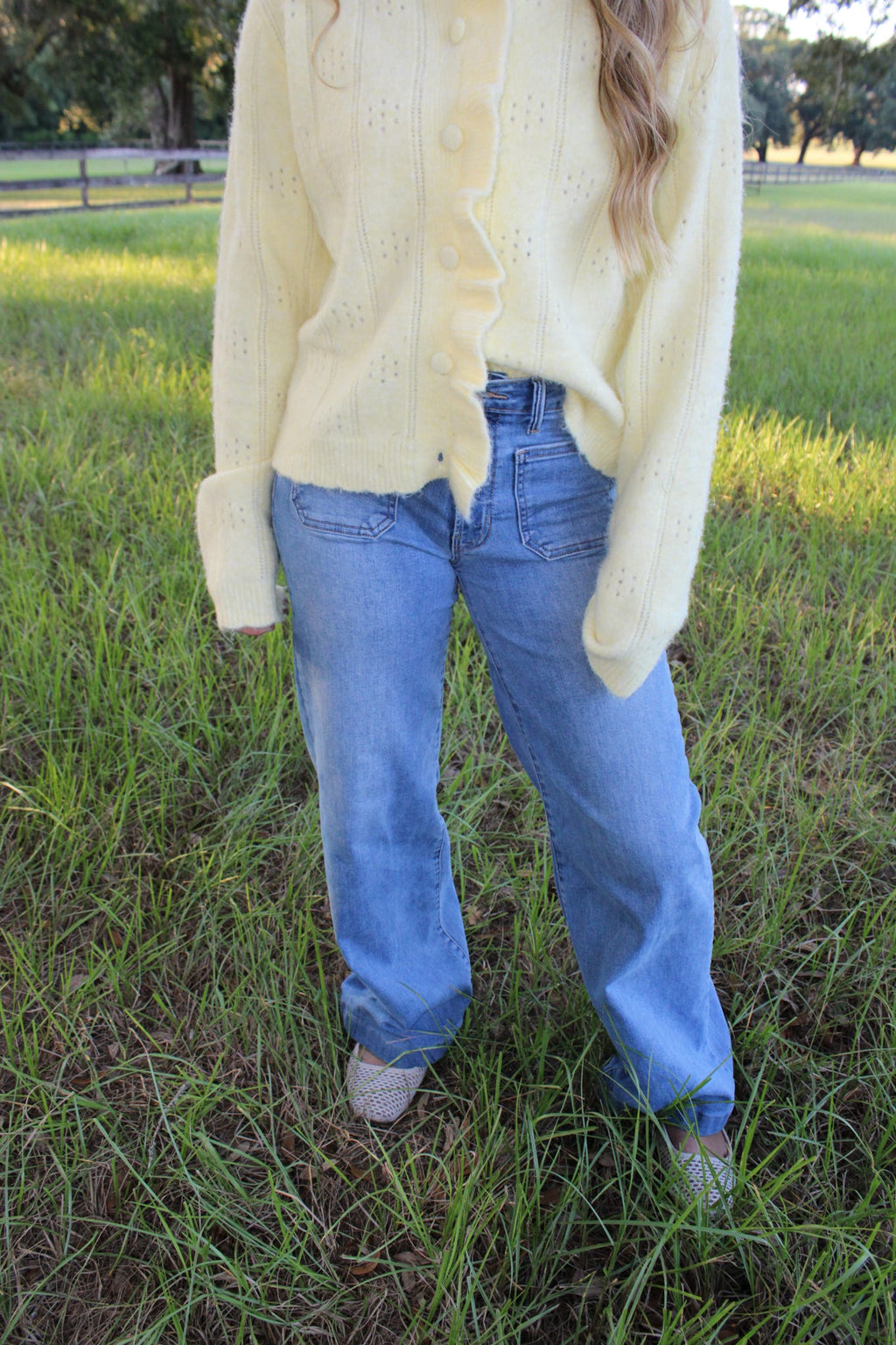 Denim front pocket wide leg jeans