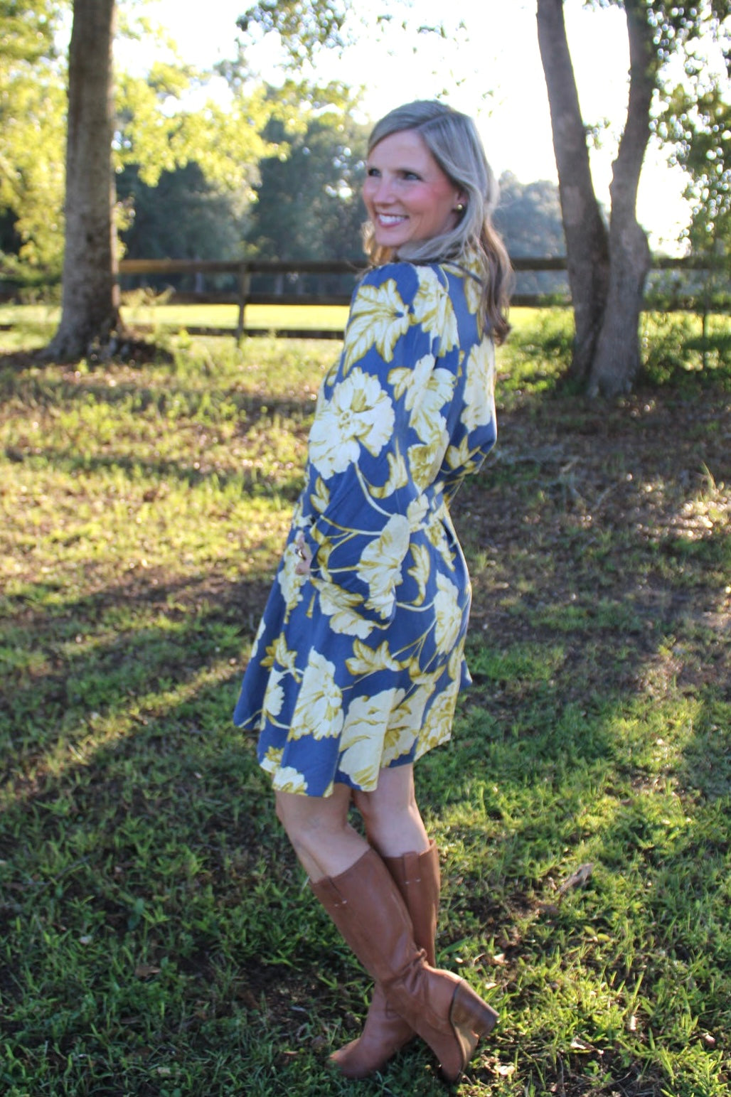 Blue & Yellow Floral Long Sleeve Dress