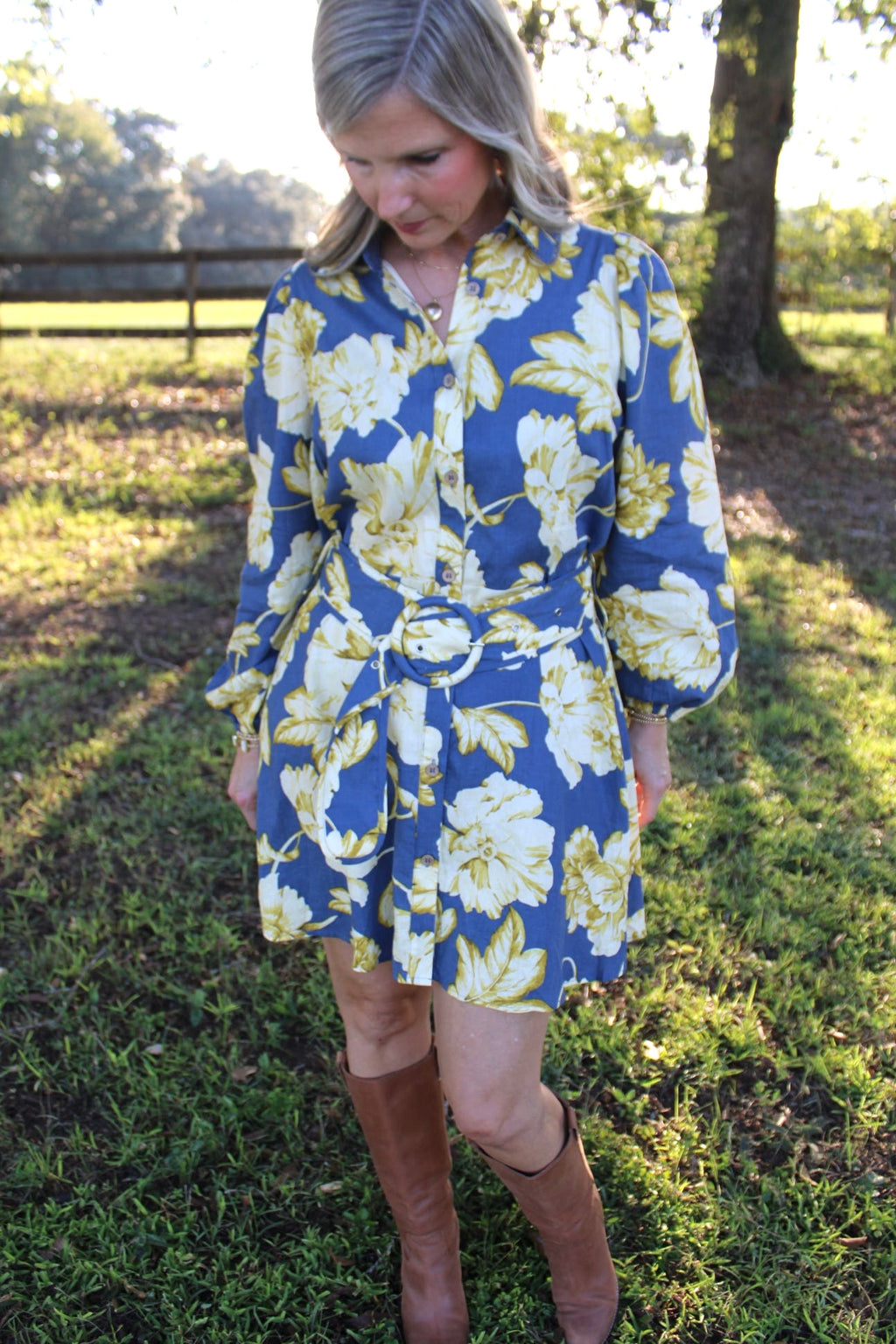 Blue & Yellow Floral Long Sleeve Dress