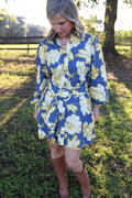 Blue & Yellow Floral Long Sleeve Dress